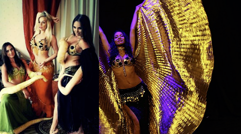 Slangenbezweerder en meerdere buikdanseressen